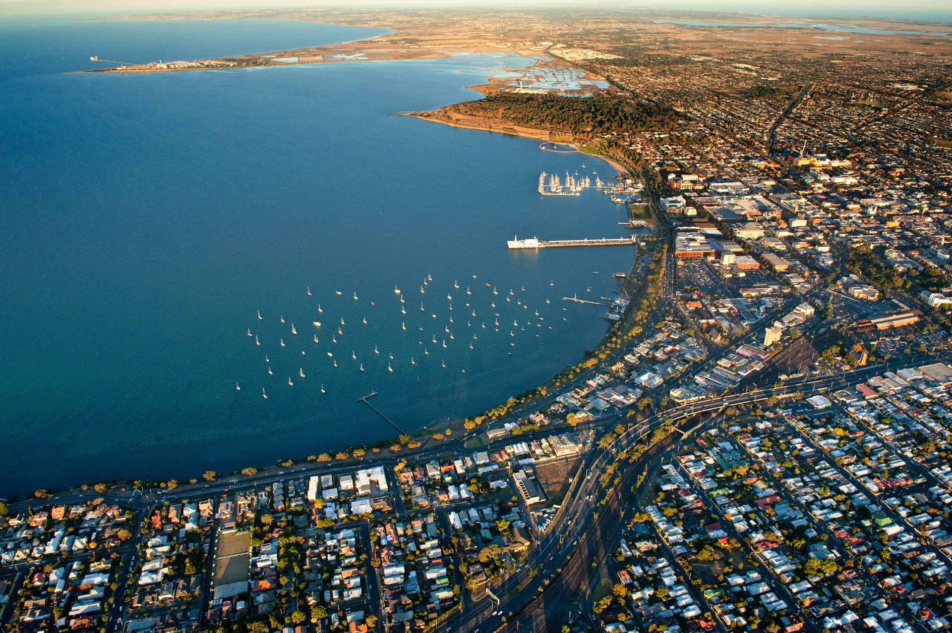 Aerial view across Corio Bay and Geelong